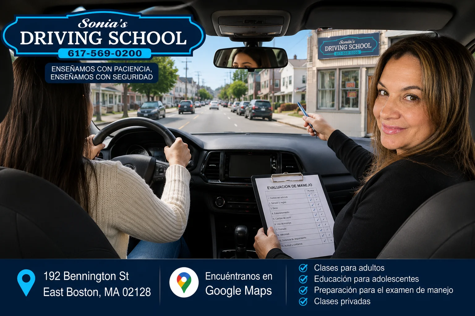 Sonia enseñando una clase de manejo en Sonia's Driving School en East Boston, Massachusetts.